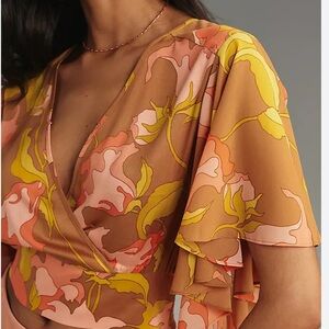 Anthropologie Tiny Olympia Faux Wrap Top Floral Femme Soft Long Flutter Sleeve L